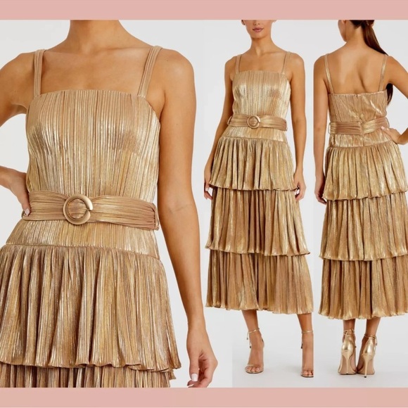 Mac Duggal - NWT - 27062 Ruffle Tiered Buckle Detail Dress - Gold Metallic $398 - Picture 1 of 10